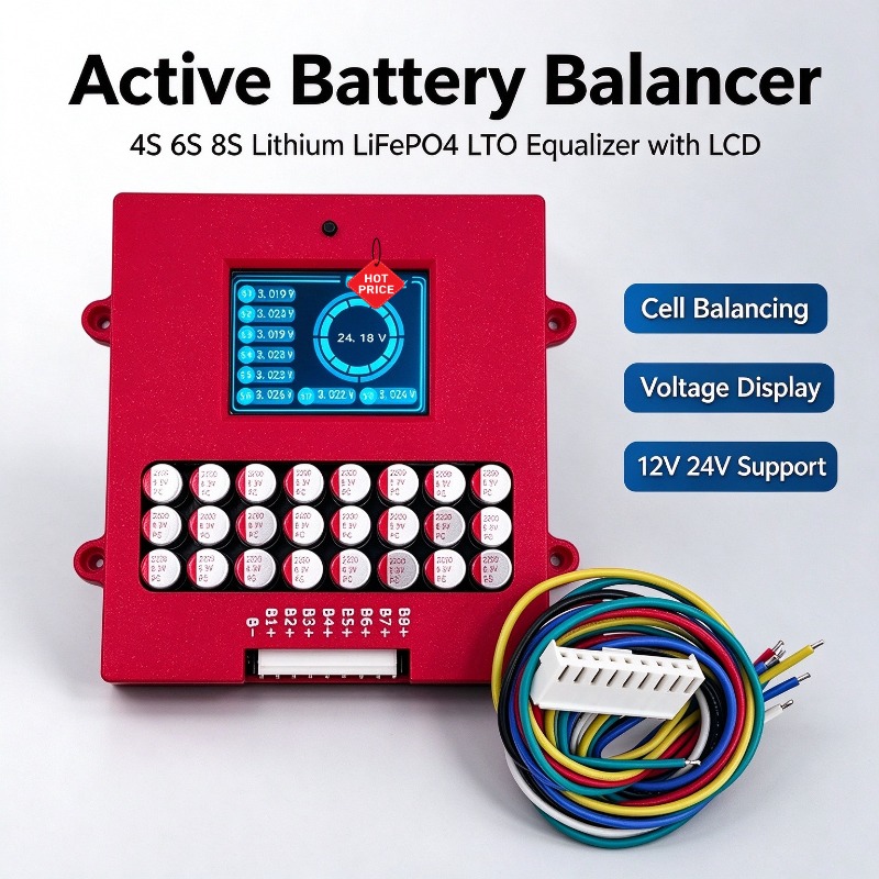 Lithium Battery 12V - アクティブ・バランサー 4S 6S 8S リチウム/リン酸鉄リチウムバッテリー・イコライザー・ボード LTOセル用コンデンサ・バランサー、LCDディスプレイ付き、12V/24V対応